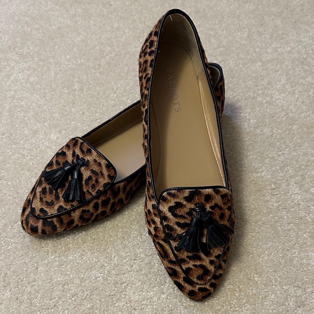 Talbots Leopard Print Francesca flats withTassels calf hair Size 8W